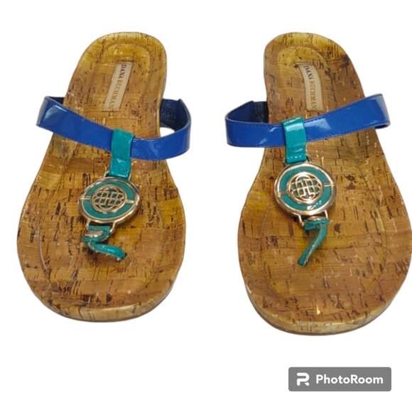 Dana Buchman Shoes - Dana Buchman Blue/Teal Straps Silver Medallion Thong Flat Sandals